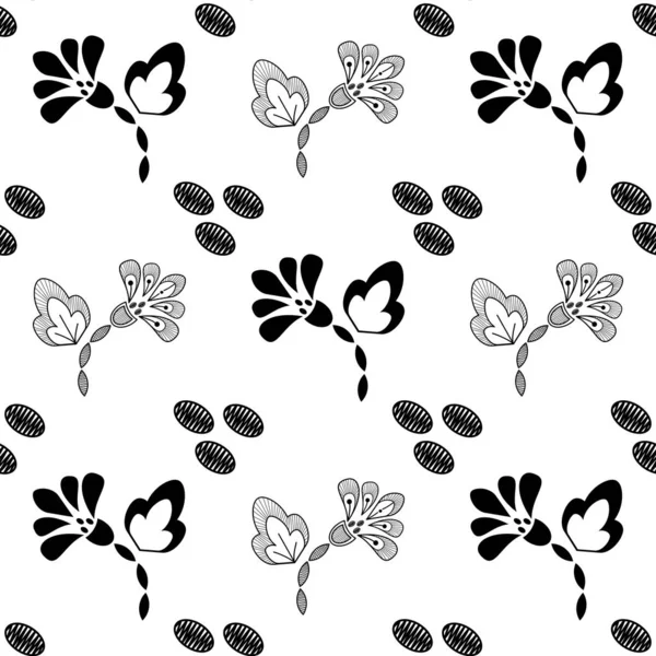 Schwarz Weiße Abstrakte Blüten Vektorieren Nahtlose Muster Doodle Stil Monochromatische — Stockvektor