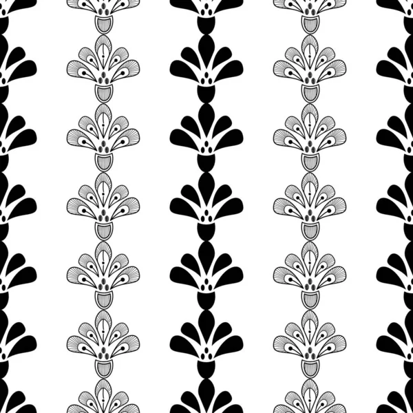 Black White Abstract Flowers Vector Seamless Pattern Doodle Style Monochromatic — Stock Vector