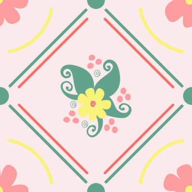 Basit illüstrasyon perisi çiçek vektörü kusursuz desen koleksiyonu. Beyaz, pembe ya da yeşil arkaplanda renkli çiçek elementleri. 