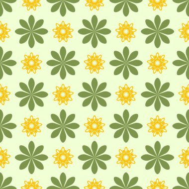 Bahar çiçeği desenleri koleksiyonu. Pembe, sarı ve yeşil desenli elementler vektörsüz desenli fayanslarda. 