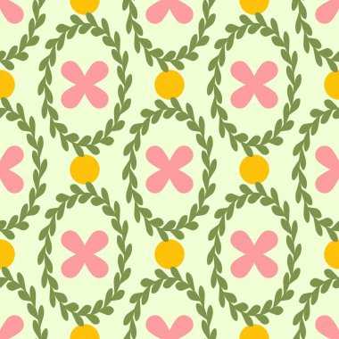 Bahar çiçeği desenleri koleksiyonu. Pembe, sarı ve yeşil desenli elementler vektörsüz desenli fayanslarda. 