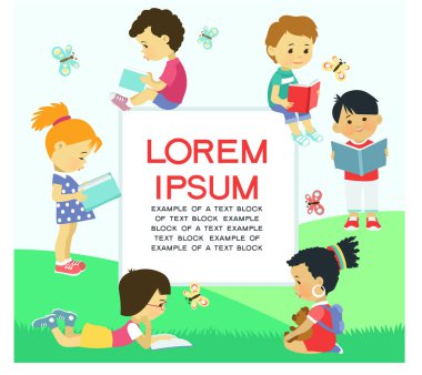 Metin için yeri olan vektör illüstrasyonu. Çocuklar bahçede kitap okurlar..