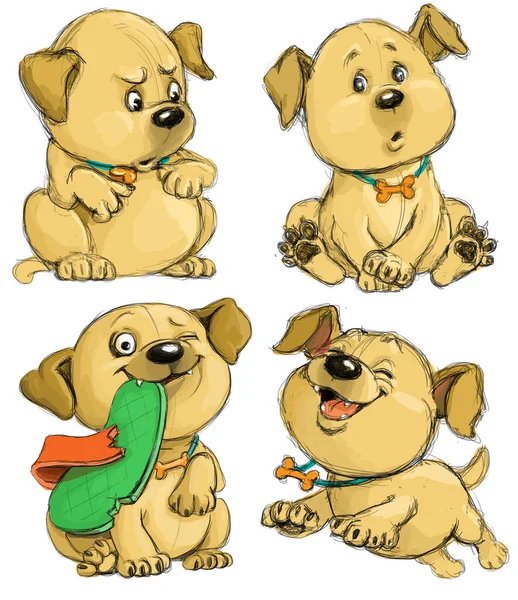 Funny Cartoon Sketch Playful Puppy Four Moods Dog Suspicion Boredom — Stock Photo, Image