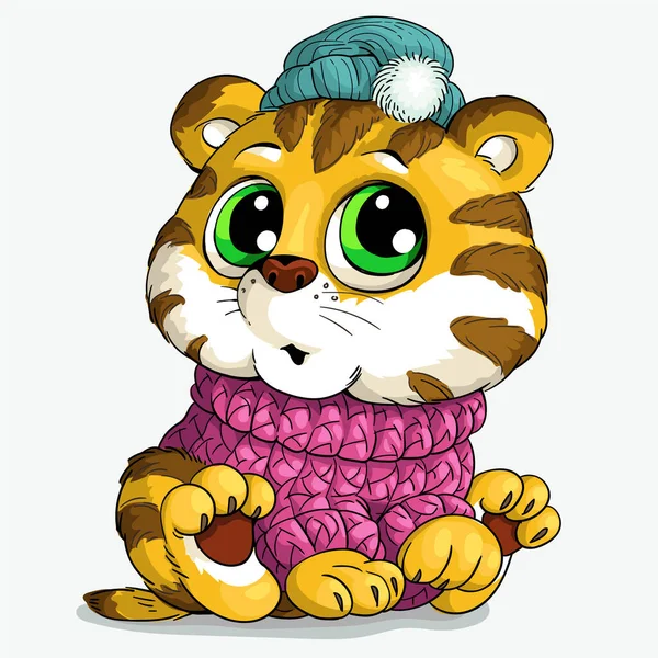 Ilustração Vetorial Tigre Desenho Animado Bonito Chapéu Suéter — Vetor de Stock