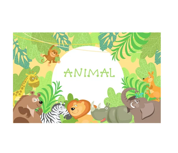 Cartão Postal Animais Bonitos Selva Desenhos Animados Vetoriais Planos Modelo —  Vetores de Stock