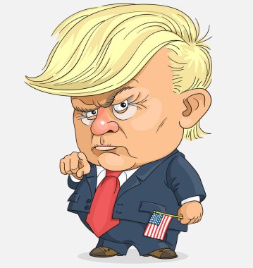 Vektör. Birleşik Devletler bayrağıyla sevimli komik çizgi film başkanı Donald Trump. Açık gri arka planda izole edilmiş. Washington - 2020