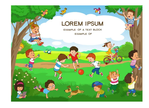 Vektor Illusztráció Vidám Gyerekek Játszanak Erdőben Egy Nyári Napon Van — Stock Vector