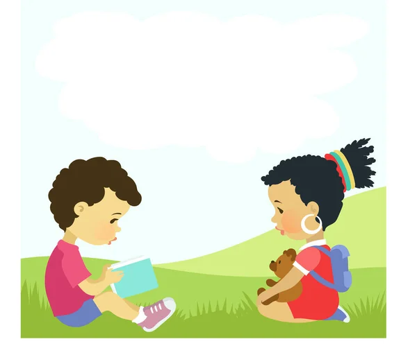 矢量图解与文字的位置 草坪上的一个男孩在看书 小女孩在听 — 图库矢量图片