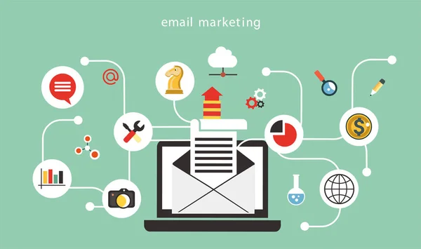 Conceito Empresa Email Marketing Design Plano Com Ícones Para Web — Vetor de Stock