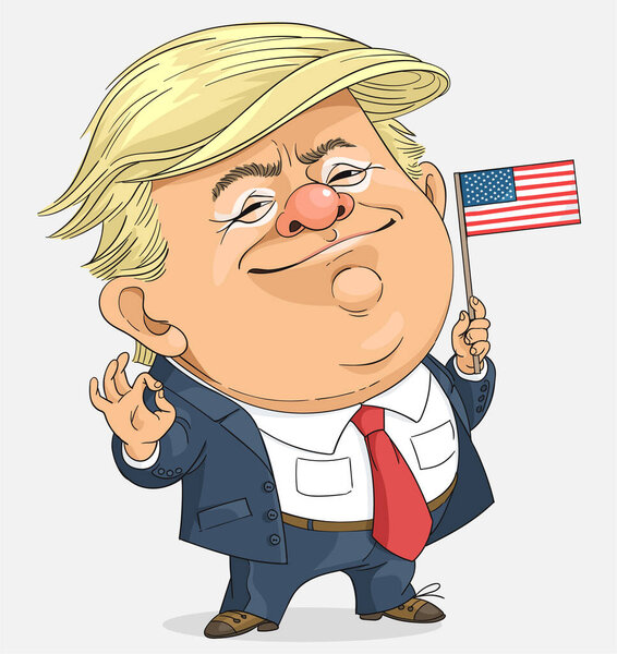 Vector. Cute funny cartoon president Donald Trump with united states flag. Showing ok sign. Isolated on a light gray background. Washington - 2020