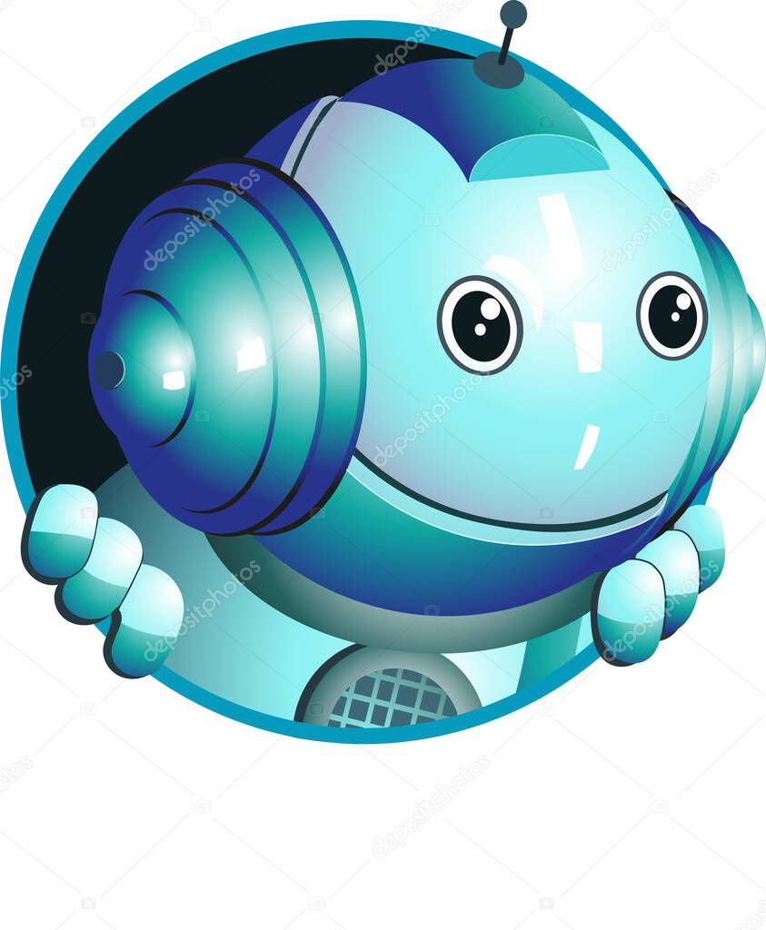 Vector. Funny illustration of a cute robot that looks out of the window and gives valuable advice.