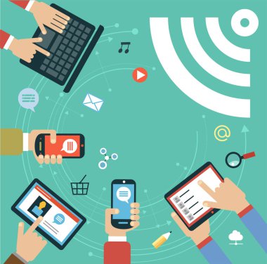 Wi-Fi konseptinin vektör illüstrasyonu. Cihazları ve sinyal alıcısı olan insanların siluetleri internet simgeleri ile çevrili..