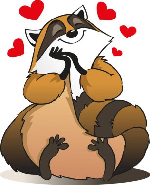 Aşık komik bir rakunun vektör çizimi. Kalpler dönsün. Şirin tüylü hayvan..