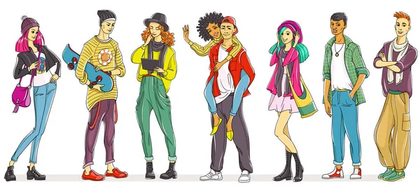 Vektör çizimi. Gülümseyen modern genç arkadaşların toplu portresi. Okul çocukları ya da mutlu öğrenciler. Beyaz arkaplan üzerinde izole edilmiş.