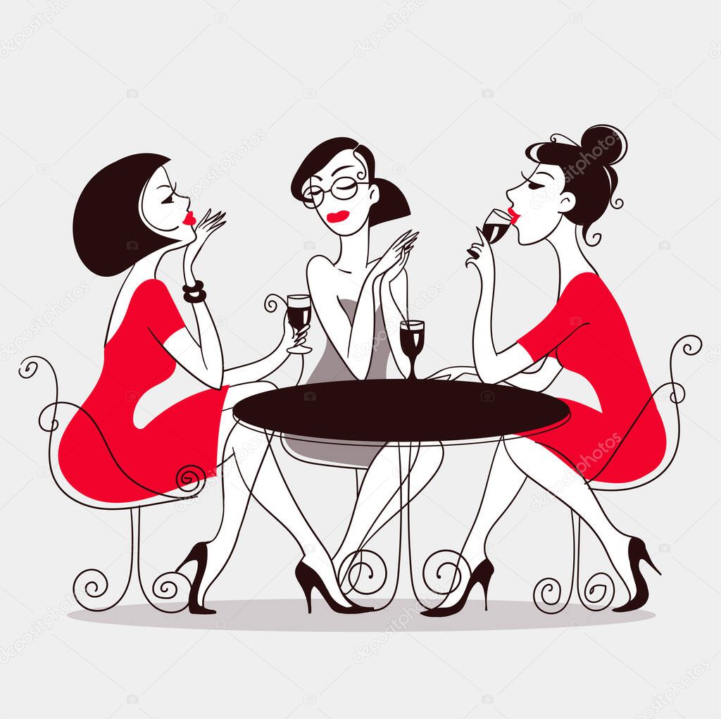Vector. Cartoon pretty girls sitting at the table and drinking wine.