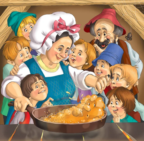 Klasyczna Ilustracja Wiejskiej Rodziny Mama Piecze Tortillę Patelni Dzieci Otoczyły — Zdjęcie stockowe