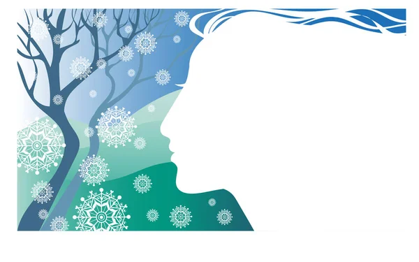 Vector Illustration Allegory Winter Silhouette Profile Girl Background Snowy Hills — Stock Vector