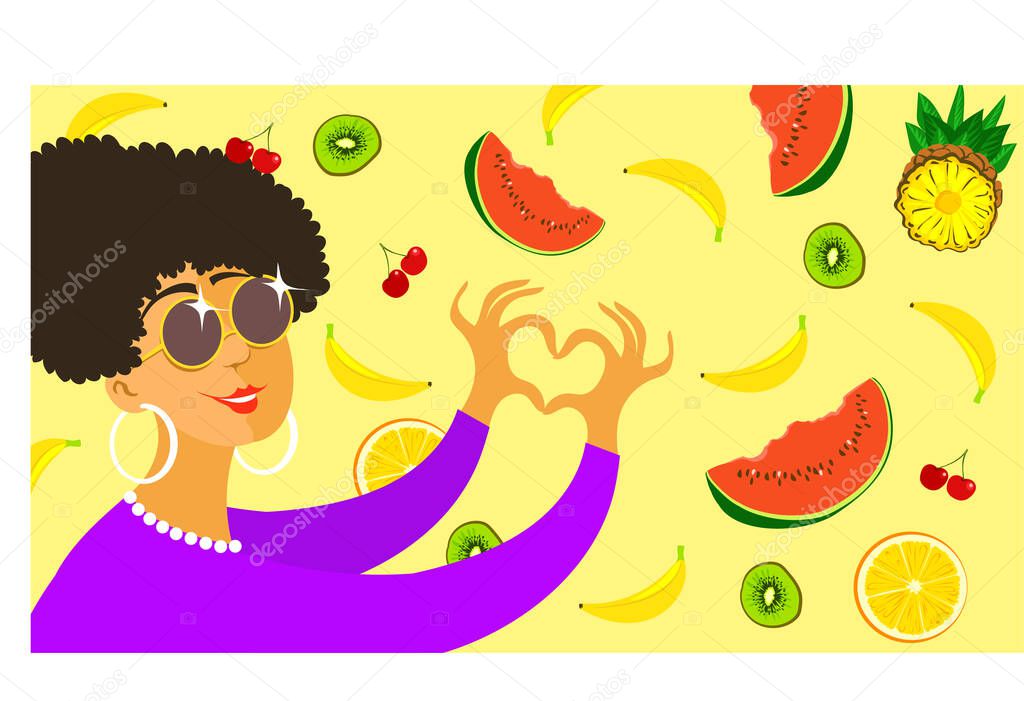 Modern background. Vector. Bright summer illustration. Joyful girl surrounded by fruits shows her heart with fingers.