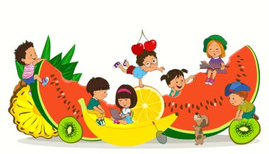 Parlak renkli çizimler. Mutlu çocuklar büyük meyvelerin arasında oynarlar. Yaz konsepti, sağlık, vitamin. Tatil, tatil.