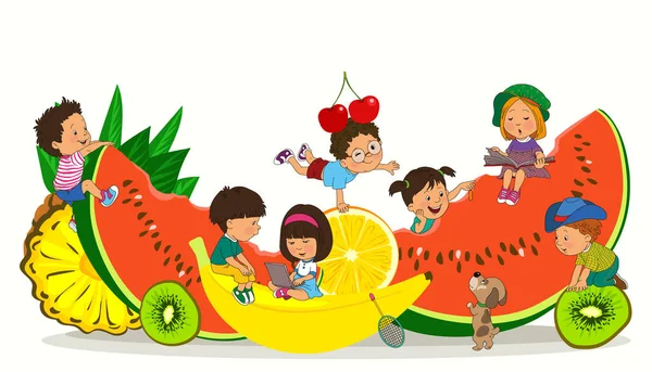 Ilustração Colorida Brilhante Crianças Felizes Brincam Entre Frutas Enormes Conceito — Vetor de Stock