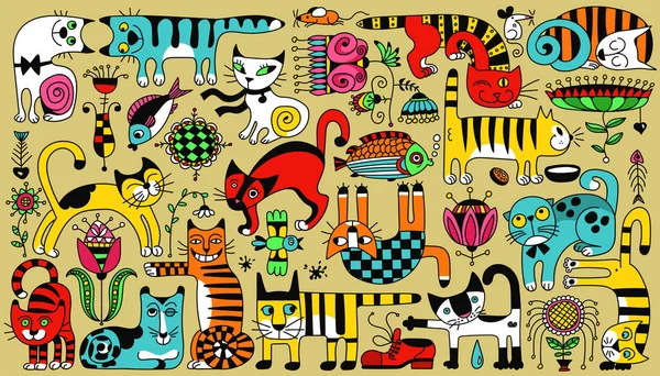 Vector Multicolored Bright Pattern Funny Doodle Cats Each Item Can — Stock Vector