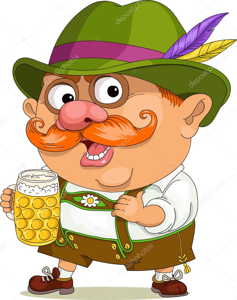 Vector funny cartoon. A joyful Bavarian is standing with a large mug of beer in a national costume.