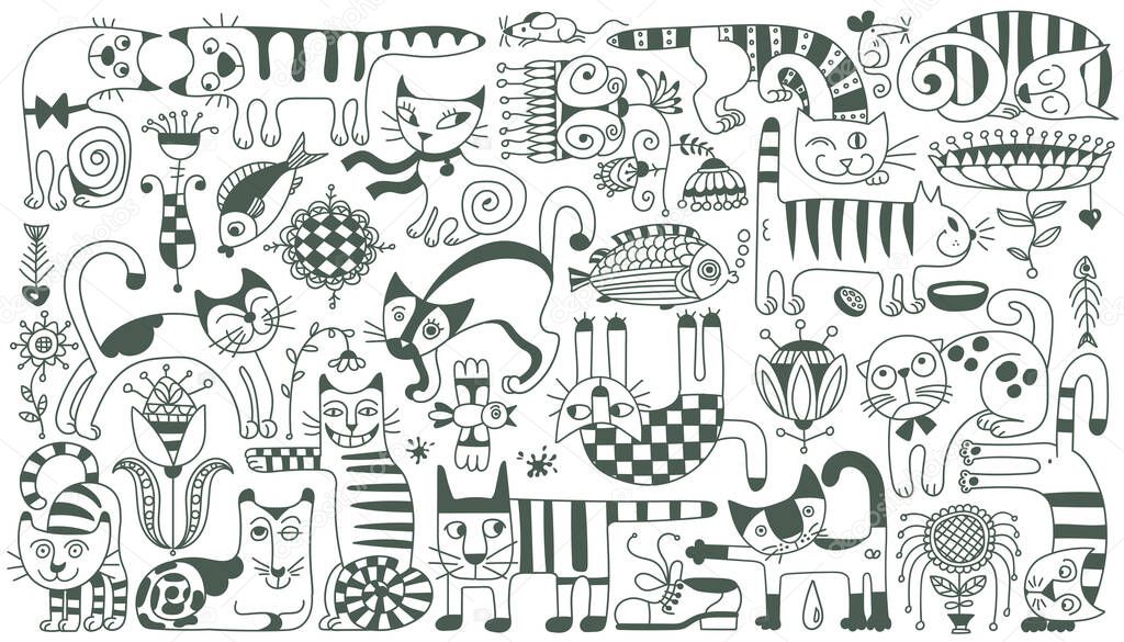 Vector pattern on a white background. Funny doodle cats. Each element can be used separately.