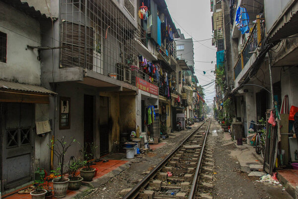 Railway track going through Train Street of Hanoi, Vietnam  