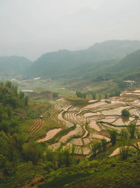 Escondido Valle Con Terrazas Arroz Mojado Rodeadas Montañas Sapa Vietnam —  Fotos de Stock