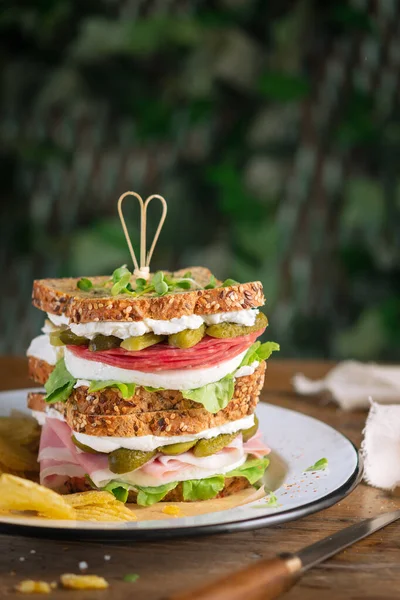 Sanduíche Delicioso Com Diferentes Recheios Alface Salame Presunto Picles Queijo — Fotografia de Stock