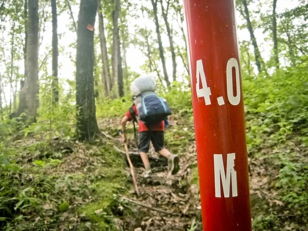 Young Backpacker on the Trail next to a Four Mile Marker Post
