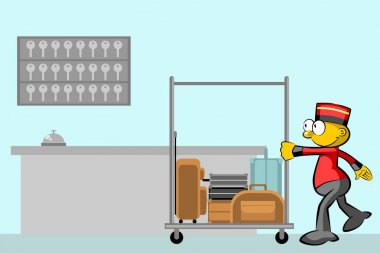 Bellboy ve otel resepsiyonu valizler
