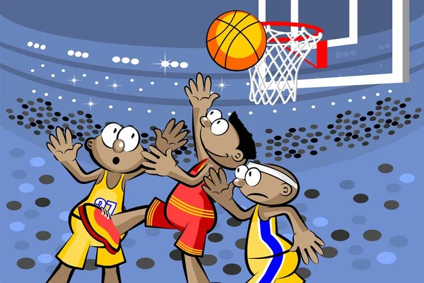 Tres jugadores de baloncesto en el estadio — Vector de stock