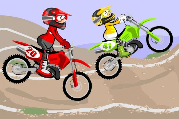 Motocross-Rennfahrer extrem in Staubspur. Cartoon-Stil — Stockvektor