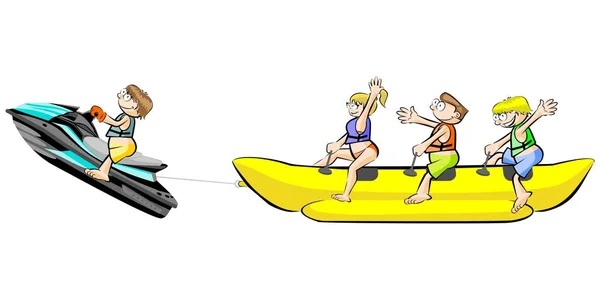 Банан човни групою друзів, весело літні канікули - iso — стоковий вектор