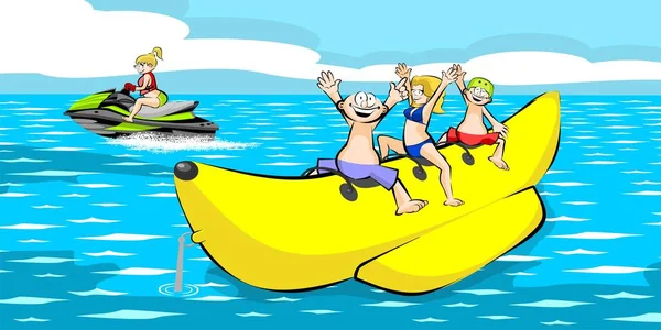 Grupo de amigos do barco de banana se divertindo nas férias de verão — Vetor de Stock