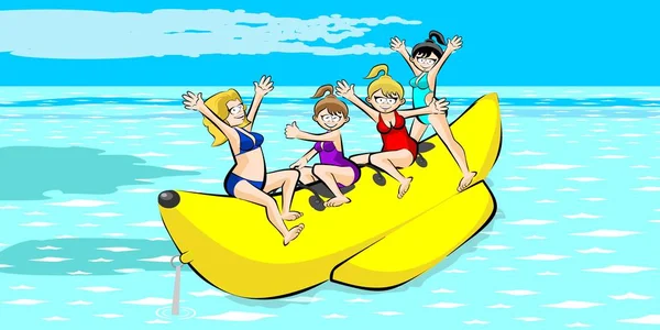 Banana barco grupo de amigos divertirse en vacaciones de verano — Vector de stock