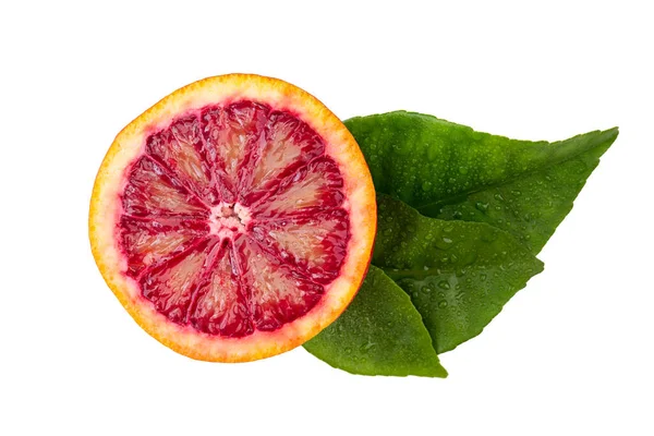 Blodig Orange Med Blad Vit Bakgrund Ovanifrån — Stockfoto