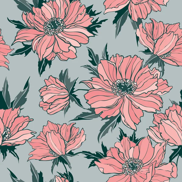 ポピーやバラの花を持つ優雅なシームレス パターン — ストックベクタ