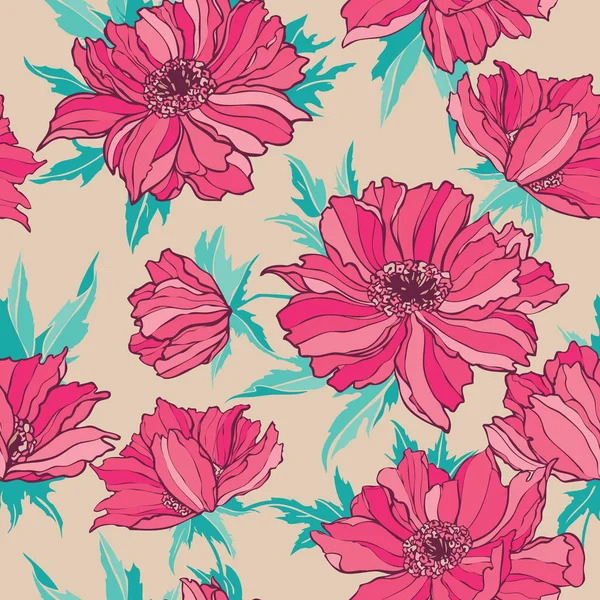 ポピーやバラの花を持つ優雅なシームレス パターン — ストックベクタ