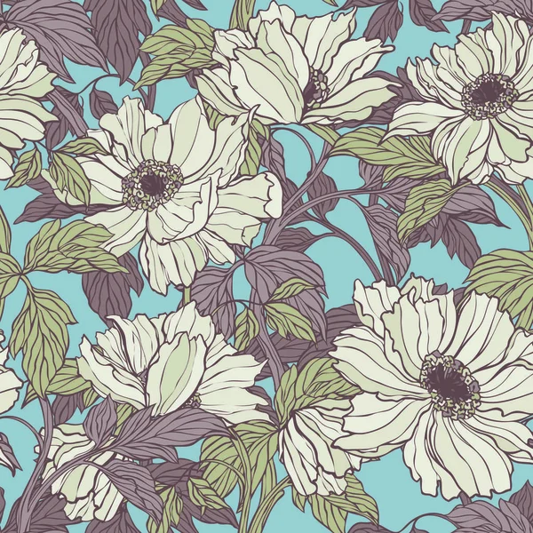 Motif sans couture avec des fleurs de pavot, pivoines ou roses — Image vectorielle