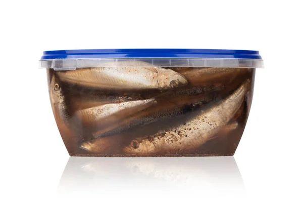 Sprat marinated in a jar. Pickled sprat in a plastic container on a white background. — Stock Image Sprat Marinated Jar Pickled Sprat Plastic Container White Background Stock Picture