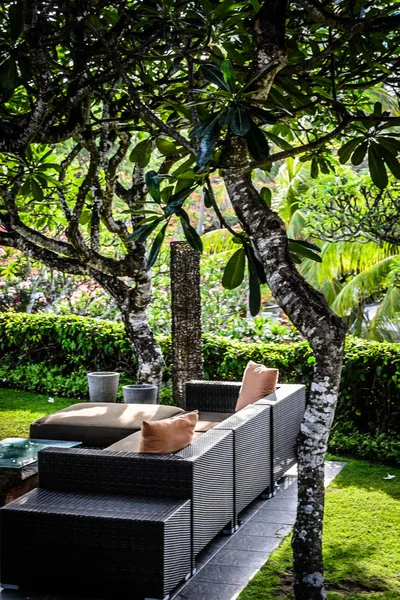 Salon de jardin extérieur dans un jardin avec des oreillers et de nombreux arbres — Photo