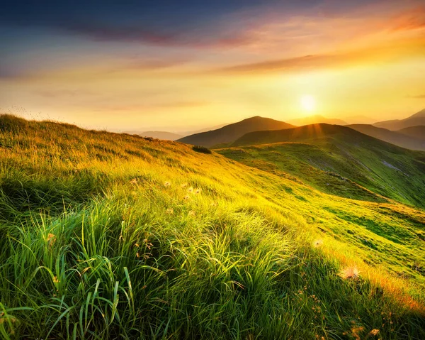 Campo de montanha durante o pôr do sol . — Fotografia de Stock