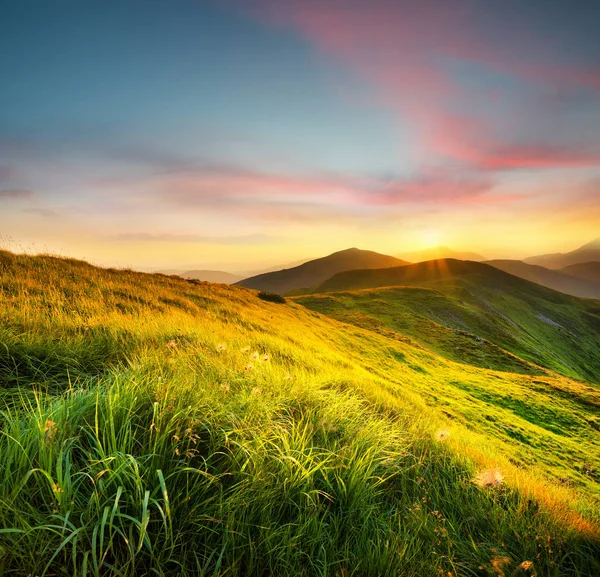 Campo de montanha durante o pôr do sol — Fotografia de Stock