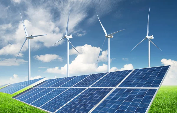 Güneş paneli ve rüzgar elektrik santrali. Ekolojik enerji kavramı ve IDE