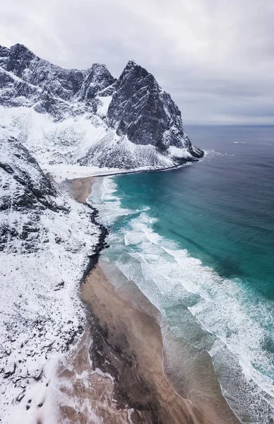 Widok Lotu Ptaka Plaży Fale Piękne Krajobrazy Powietrza Norwegii — Zdjęcie stockowe