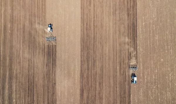 Macchine Agricole Sul Campo Paesaggio Agricolo Dall Aria — Foto Stock