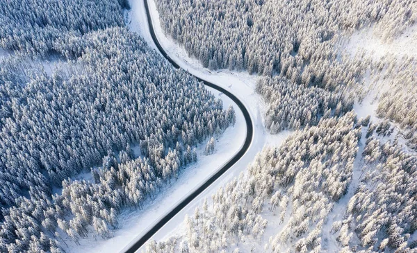 Вид Воздуха Дорогу Лес Зимнее Время Природный Зимний Пейзаж Воздуха — стоковое фото