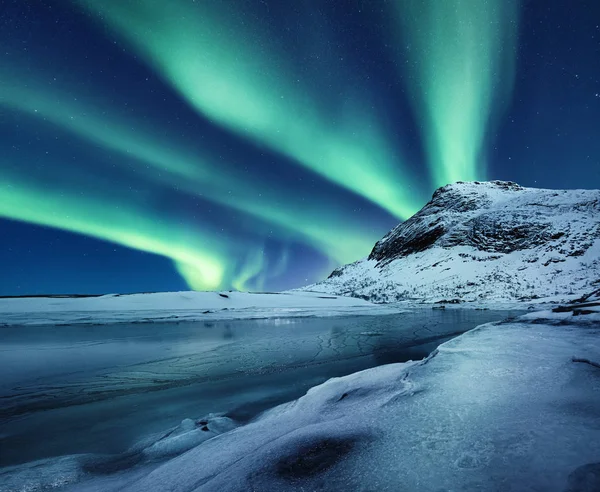 Aurora Borealis Lofoten Szigetek Norvégia Semmi Fény Hegy Fagyott Óceán — Stock Fotó